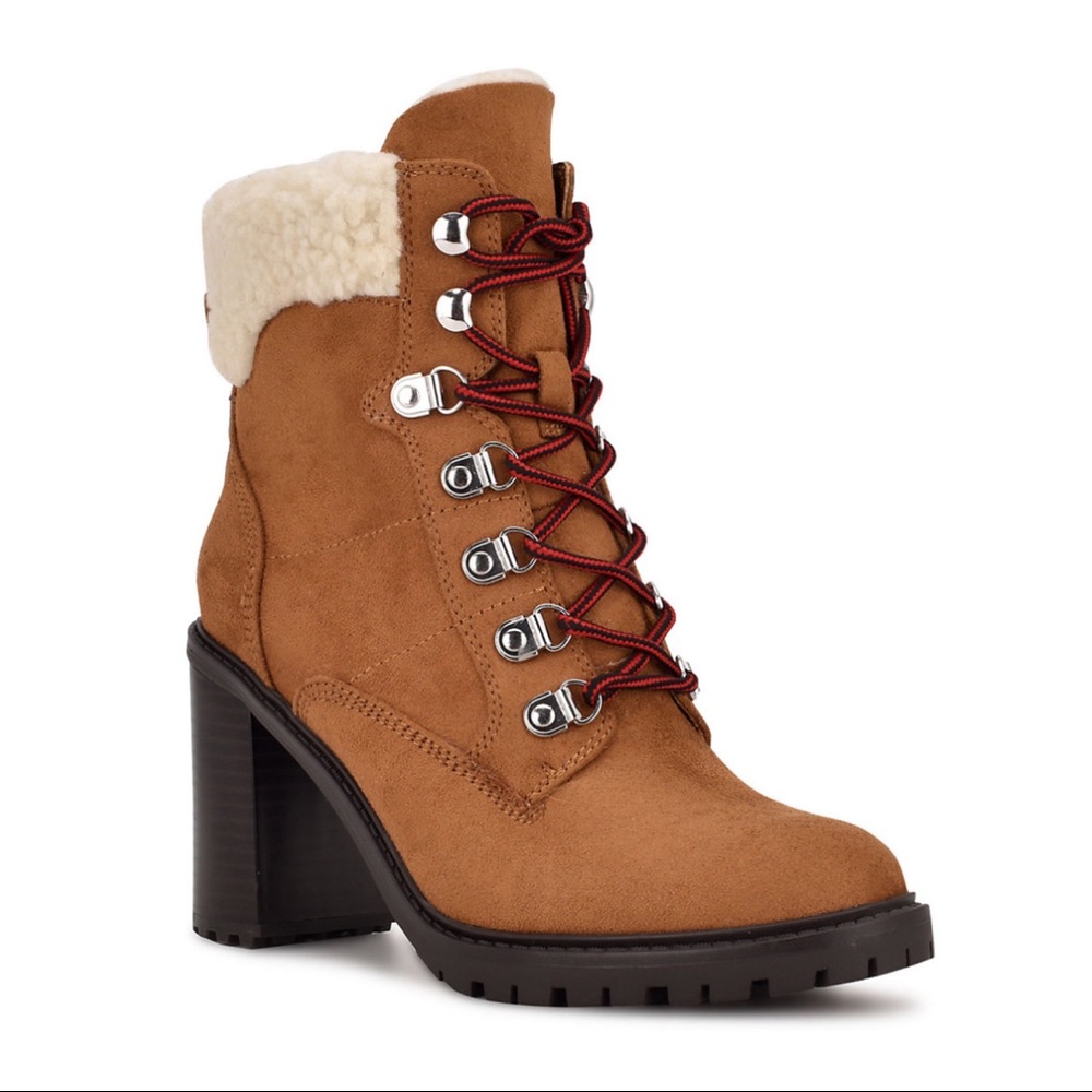 NIB Nine West Peer Sherpa Cuff Ankle Block Heel Boots Brown Size 8.5